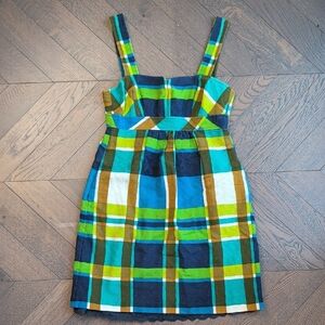 Trina Turk Blue, Green & Brown Plaid Mini Dress